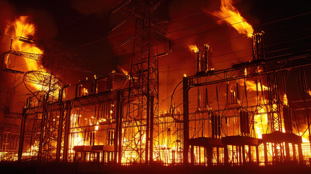 A large fire burning in the middle of an electrical substation photo
