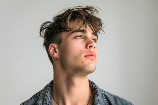 Man in blue shirt and necklace gazing upwards photo