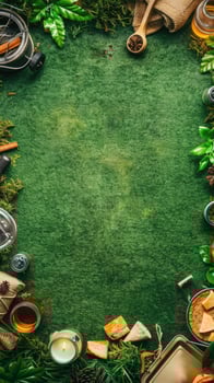 A green background with various items on it photo