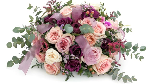 A bouquet of pink and purple roses with eucalyptus leaves photo