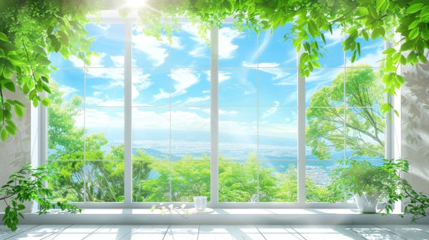 An open window with green plants and trees photo