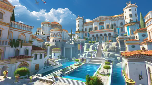 The city of rome in the game, with a fountain in the middle photo