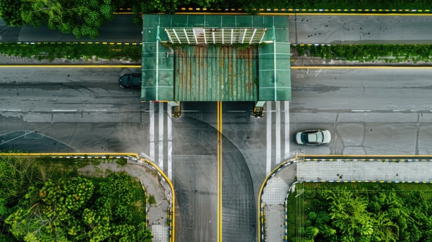 An overhead view of a road with a car driving on it photo