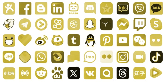 KYIV, UKRAINE - APRIL 1, 2024 Many icons of social media, messengers, sharing platforms photo