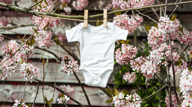 A white baby bodysuit hanging from a clothesline photo