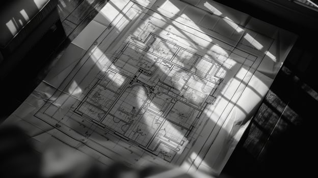 A black and white photo of a drawing on a wall
