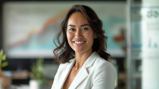 Professional Young Woman Smiling in Modern Office Setting, Ideal for Business, Leadership, and Corporate Promotions photo