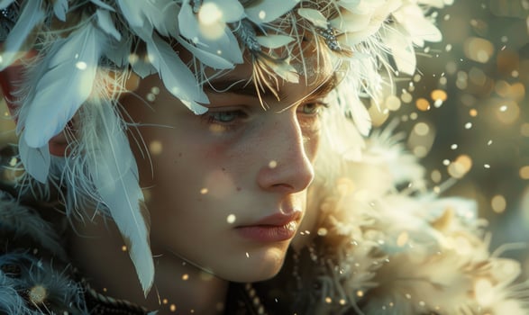 Portrayal of a young man in clothes decorated with white feathers, fantasy or mythology concept photo