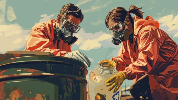 A man and a woman, both wearing lab coats and respirators, working together to safely dispose of a large barrel labeled Biohazard Waste. photo