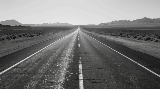 The vastness of the barren desert is reflected in the empty lanes of the highway. With no other cars in sight the sense of isolation . AI generation photo