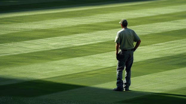 A grounds crew member surveys the field back to the camera as they make lastminute adjustments to the pristine playing surface. . photo