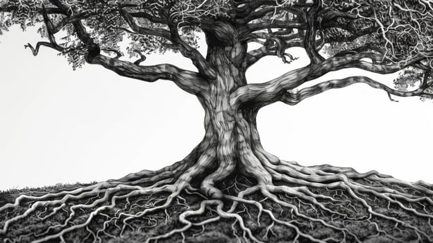 A black and white sketch of a tree its gnarled roots delving deep into the earth representing the natural source of the biofuel molecules depicted within its branches. photo
