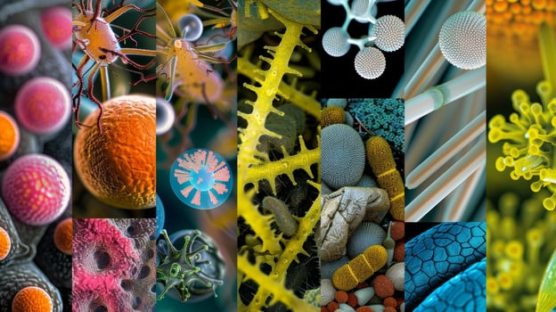 A collage of different microorganisms each labeled with its unique role in the decoding of biofuels. From bacteria to fungi these tiny creatures work together in a complex ecosystem photo
