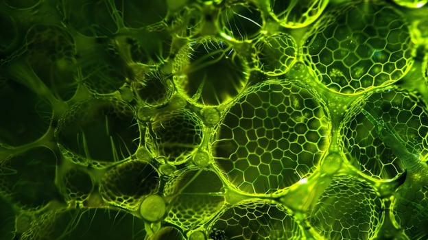 A microscope image of a single microalgae cell its intricate structure and vibrant green color reflecting the immense power it holds. Each tiny cell holds the potential to produce photo