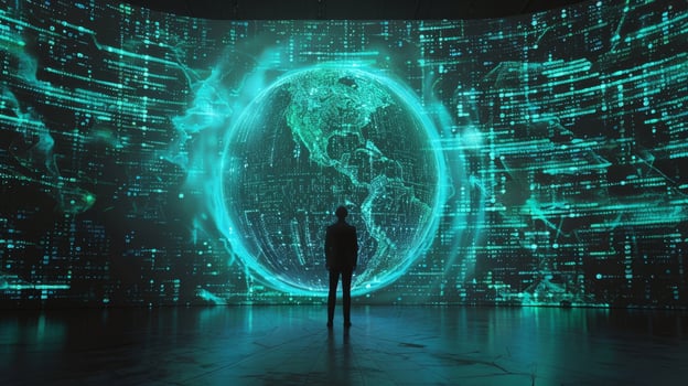 A lone figure stands before a massive screen their silhouette illuminated by the pulsing blue and green lights of binary code. As the code swirls around them it creates a stunning photo