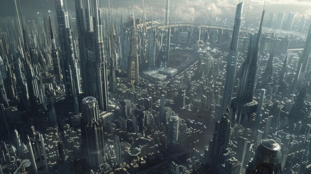 An aerial shot of a sprawling metropolis filled with towering skysers that seem to blend seamlessly into the futuristic landscape giving a glimpse into the visionary work of the photo
