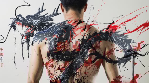 Bold traditional Japanese art covers their entire back skillfully blending black and red ink to create a stunning effect. photo