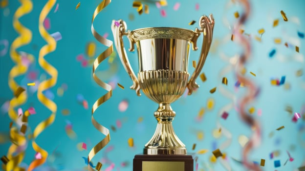 Golden trophy and streamers, business and competition concept, blue background. photo