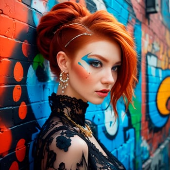 A beautiful girl with dyed hair and beautiful shapes. A girl on the street against a background of graffiti and painted walls. Art portrait. photo