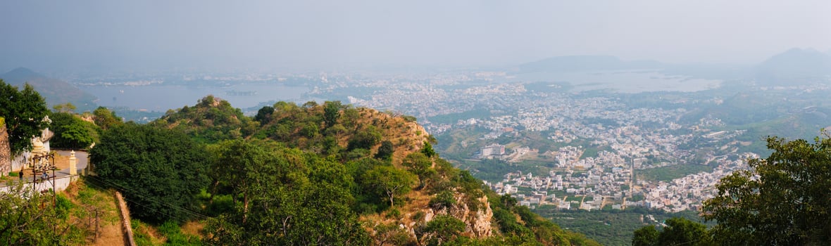 View of Udaipur and Lake Pichola from Monsoon Palace. Udaipur, Rajasthan, India photo