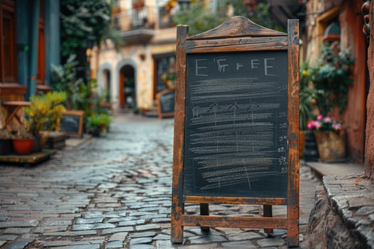 Mockup. Chalkboard menu on a historic street photo