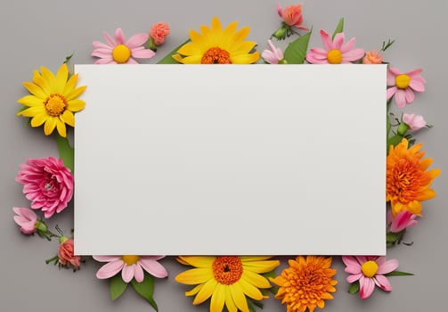 Whimsical Greeting. White Card Adorned with Pink, Yellow, and Orange Flowers photo
