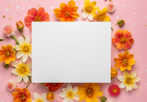 Blooming Beauty. White Card Framed by Vibrant Pink, Yellow, and Orange Blossoms photo