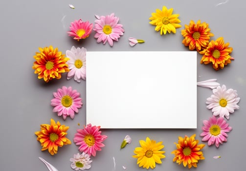 Floral Elegance. Blank White Card Surrounded by Pink, Yellow, and Orange Flowers photo