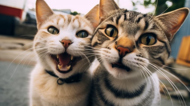 Two cute funny cats take a selfie. Neural network photo