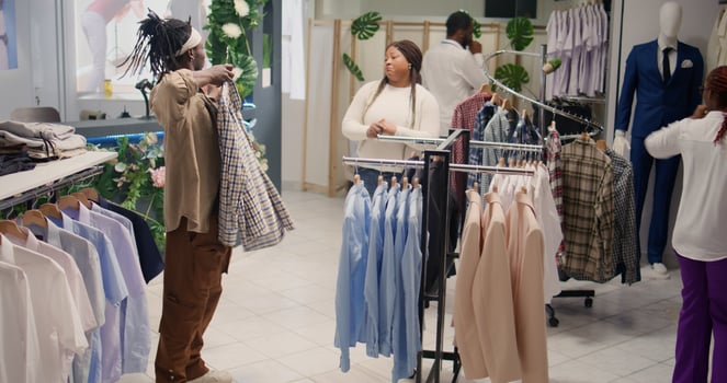 Couple in thrift shop looks at clothes, trying to find cheap but stylish shirts. Woman helping husband choose between garments in second hand clothing store, happy with low price photo
