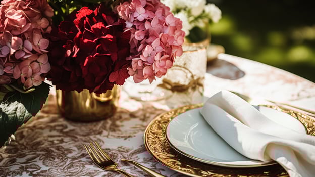 Wedding or formal dinner holiday celebration tablescape with hydrangea flowers in the English countryside garden, table setting and wine, floral table decor for family dinner party, home photo