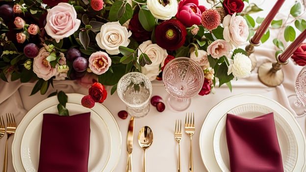 Valentines day tablescape and table decor, romantic table setting with flowers, formal dinner and date, beautiful cutlery and tableware photo