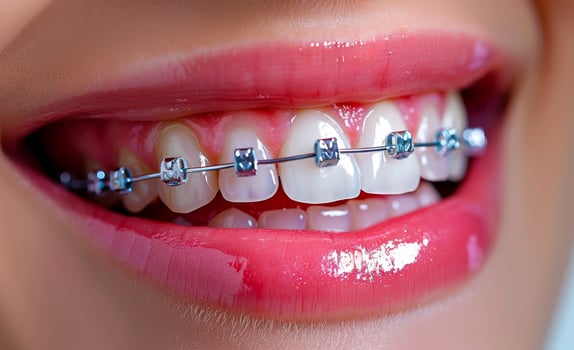 Woman smiles with braces. A closeup of the mouth and teeth with braces photo