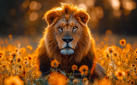Big lion lying in the grass with beautiful sunset photo