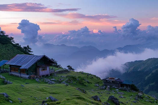 Mountain Cabin Overlooking Vibrant Sunset photo