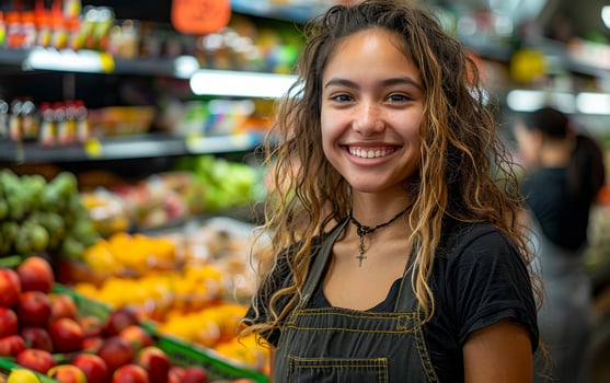 Young woman stands in fruit and vegetable market smiling at the camera. photo