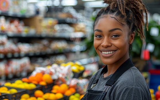 Young woman is working at grocery store photo
