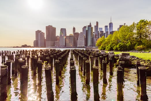 New York, US - May 10, 2023 - View from the Old Pier 1 in Brooklyn to the financial district, New York, Manhattan. photo