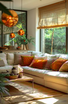 White couch and orange pillows in living room with large window and plants photo