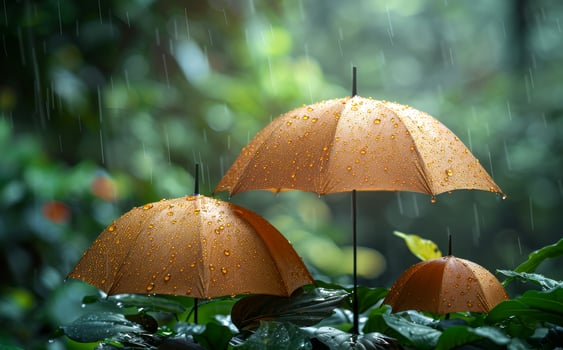 Umbrellas are placed on the ground in the rain. photo