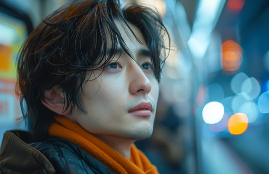 Young handsome Asian man sitting in the city at night photo