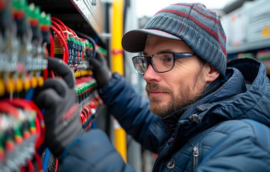 Man works with electrical equipment. A person doing refrigeration installation photo