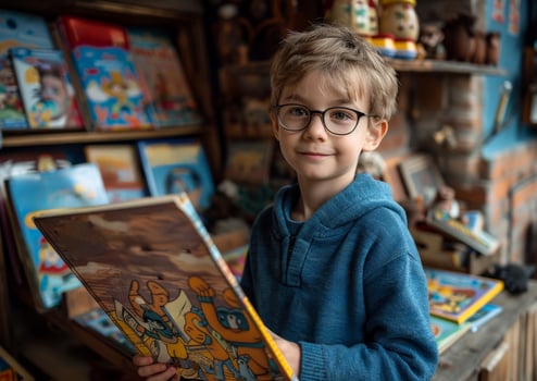 Boy is holding picture in toy store. photo