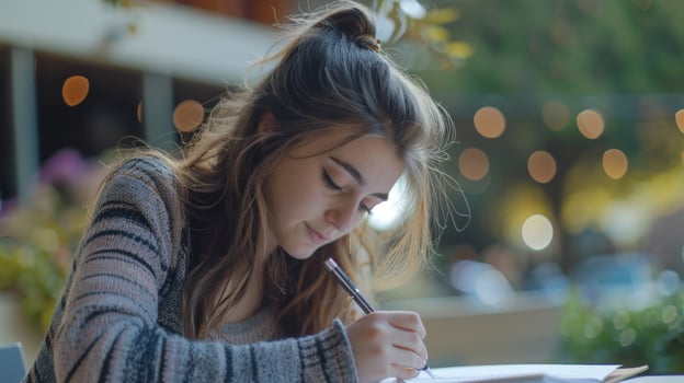 A college student writing a letter to a childhood friend reminiscing on the good old days and planning future adventures together photo