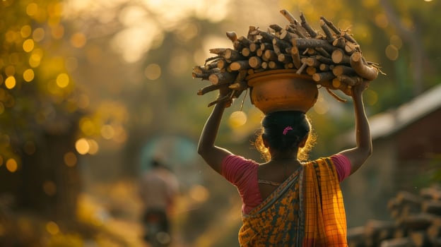 With a large earthenware pot balanced on her head a woman walks home with a bundle of firewood sped to her back photo