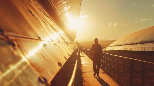 A worker walking along the long gantry that connects different areas of the solar thermal plant surrounded by the desert heat and bright sunlight photo