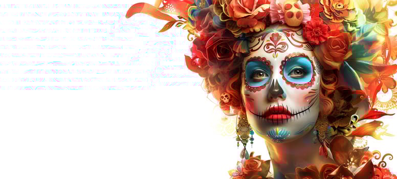 Woman with Day of the Dead skull makeup. Lady with Dia de los Muertos face paint. White background. Concept of Mexican culture, holiday celebration, Halloween. Copy space. Banner photo
