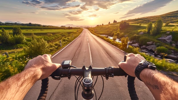Cyclist rides a bicycle. Hands holding bike handles with a scenic nature view. Concept of cycling, biking, adventure, travel, sport, activity, training, and coastal exploration photo