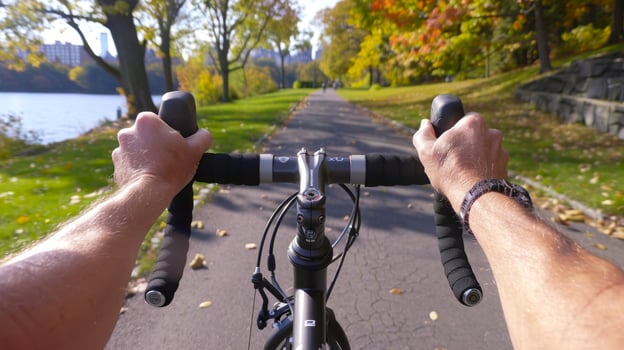A person rides a bike on a sunny park path. Cyclist on a bright trail. Concept of biking, outdoor activity, nature, adventure, healthy lifestyle, cycling, travel, sport, training photo