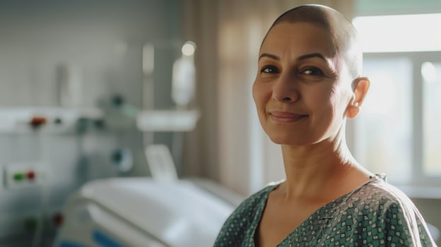 Middle Aged Middle Eastern Woman with Shaved Head in Hospital Room, Symbolizing Strength and Resilience photo